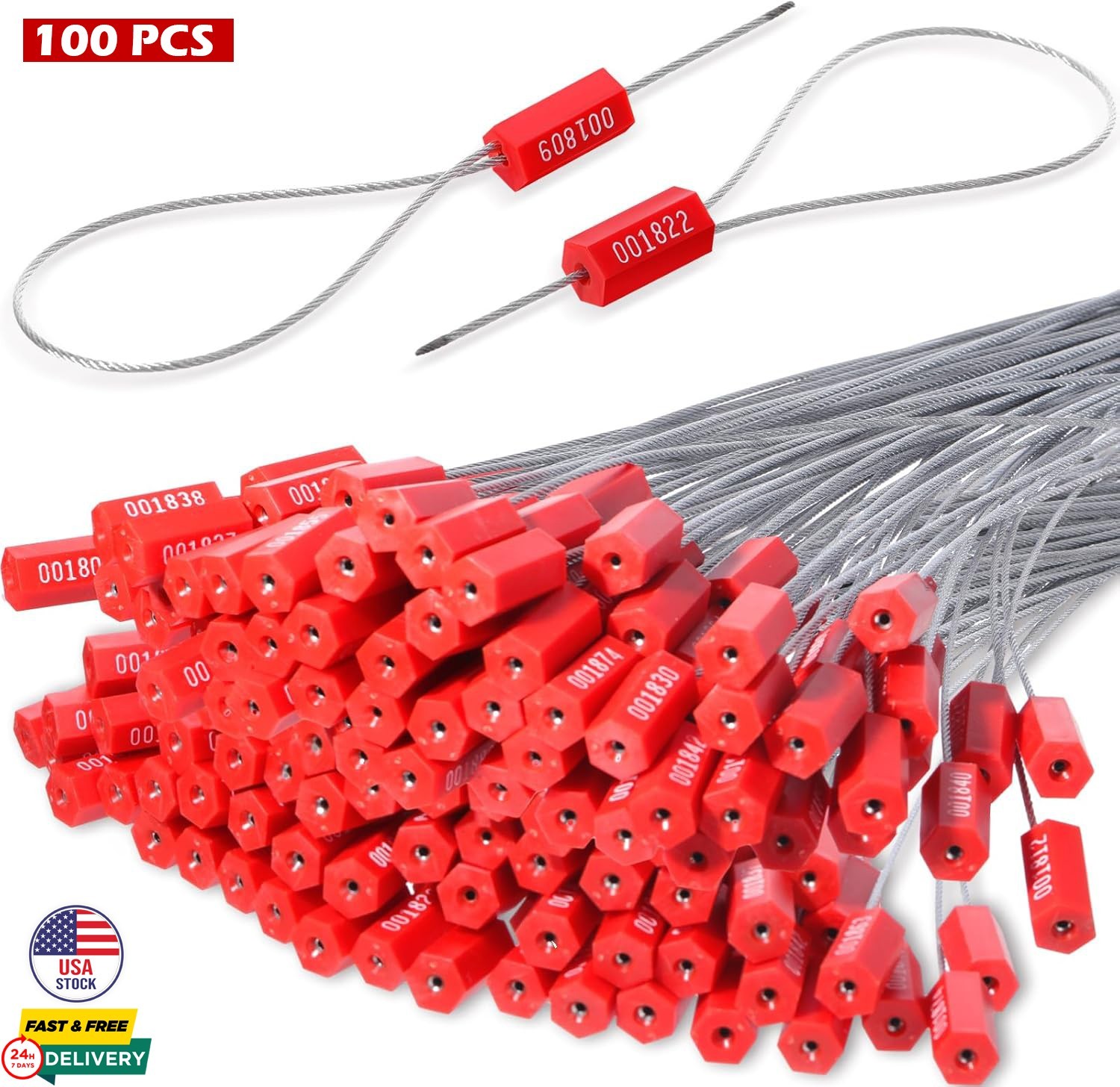 100PCS Security Cable Seals 11.8" Metal Numbered Red Tamper Proof Security Tags