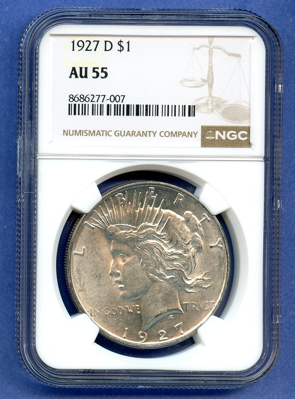 1927 D NGC AU55 Peace Silver Dollar $1 US Mint Coin 1927-D AU-55 Blast White