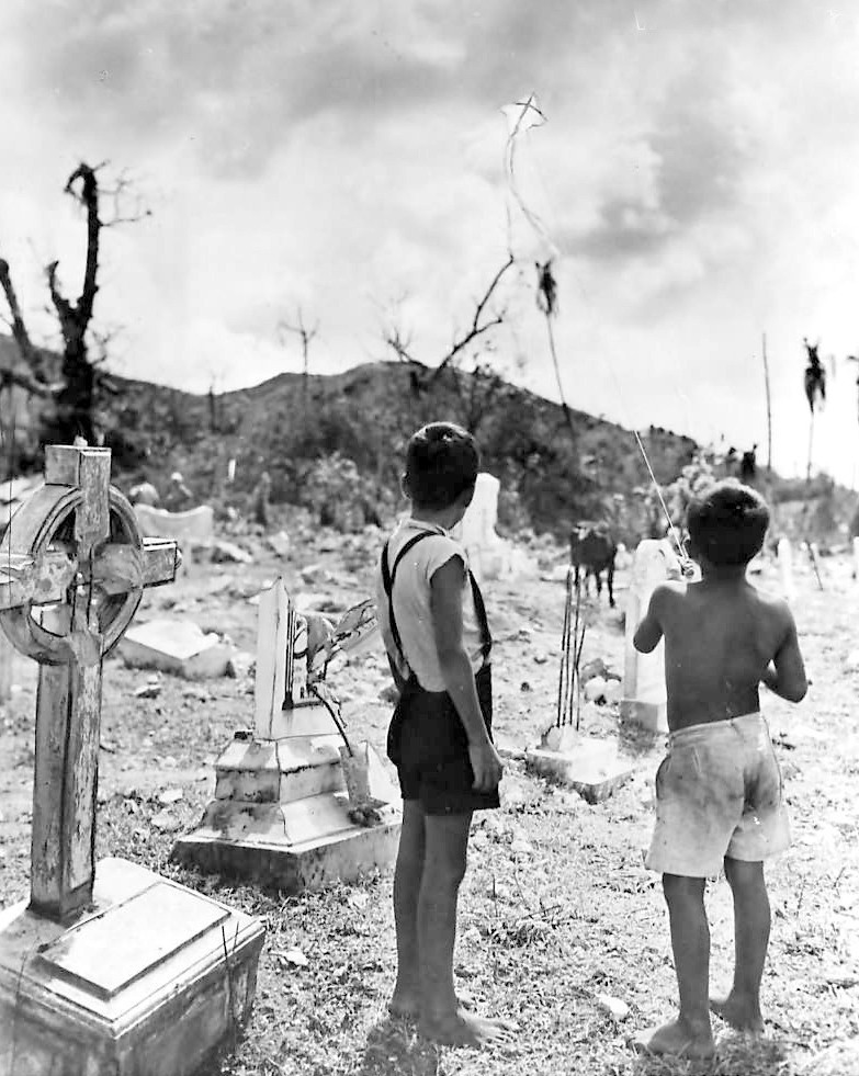 Chamorro boys fly kite in Pigo Cemetery World War II WWII WW2 8x10 Photo 768c