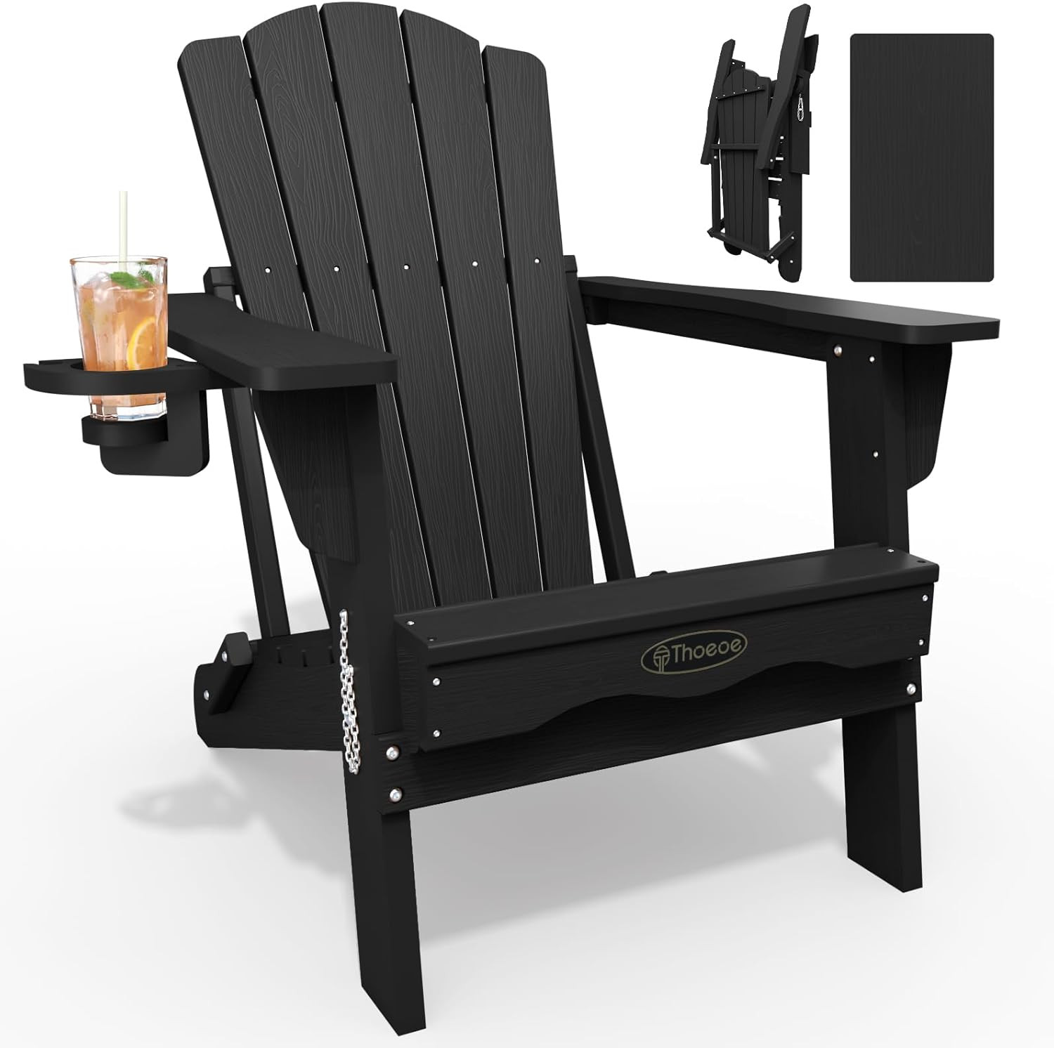 Folding Adirondack Chair,Hdpe All-Weather Outdoor Chair with Cup Holder,Wooden T