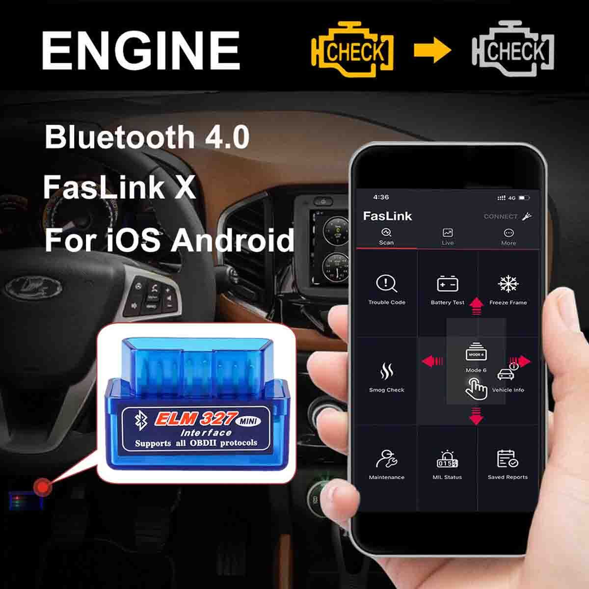 For Android & iPhone Bluetooth OBD2 Scanner Car Diagnostic Tool Code Reader