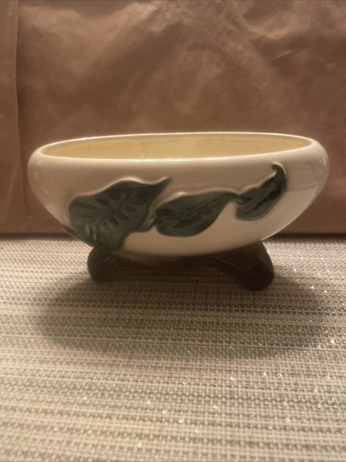 Vintage Mid Century Royal Copley Ivory 3 Footed Oval Planter Green Ivy & Branch