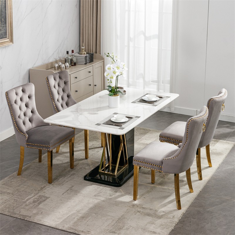 Set of 2 High-end Tufted Velvet Upholstered Dining Chairs with Golden Steel Legs