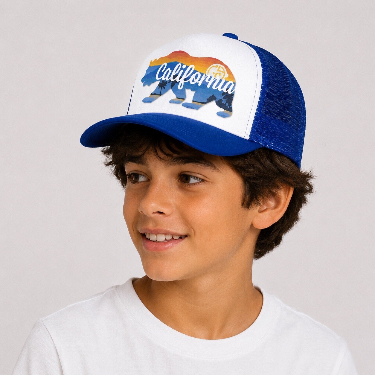 Grom Squad California Republic Bear Sunset Trucker Hat Blue White Snapback Kids