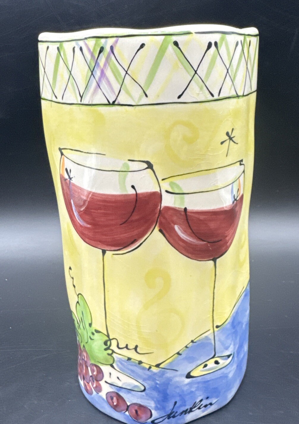 Julia Junkin SWEET LIFE Ceramic Wine Bottle Holder Cooler Grapes Wine 9”