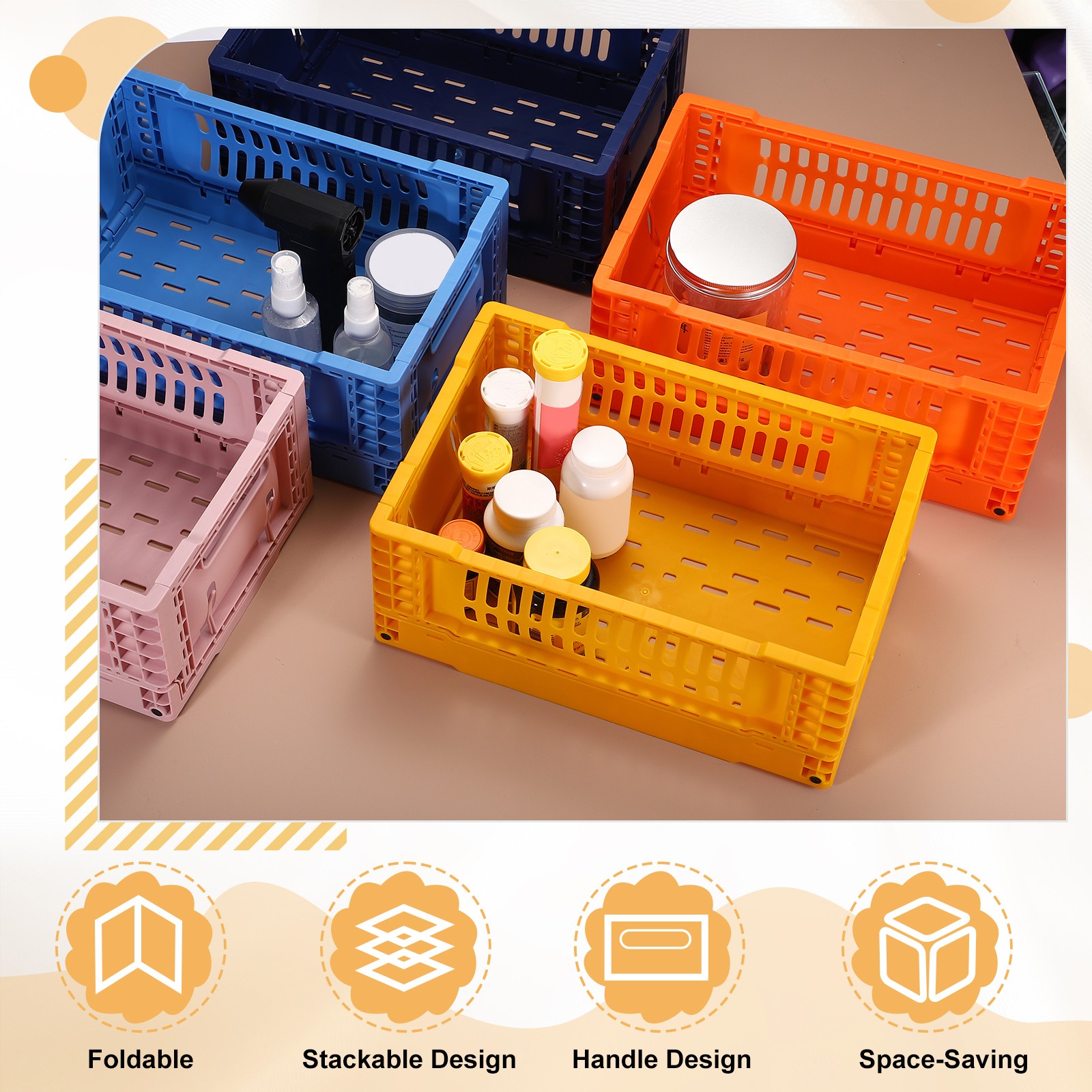Collapsible Crates, 11.7x7.8x4.7" Small Plastic Storage Baskets, Light Pink