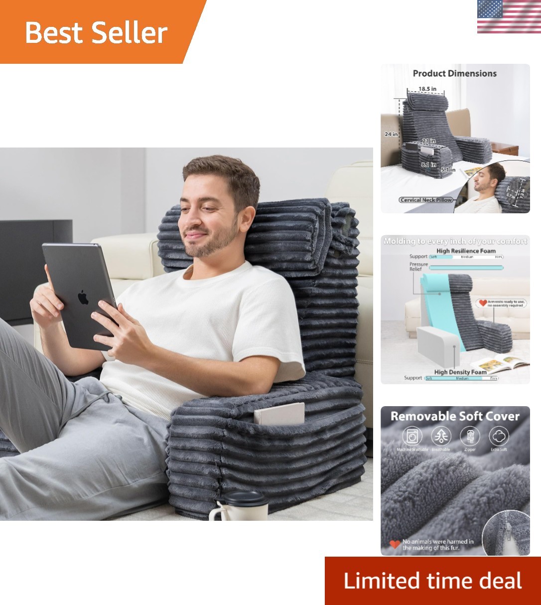 Reading Pillow for Sitting in Bed Adult, 24in XXL Back Pillow for Bed Sitting...