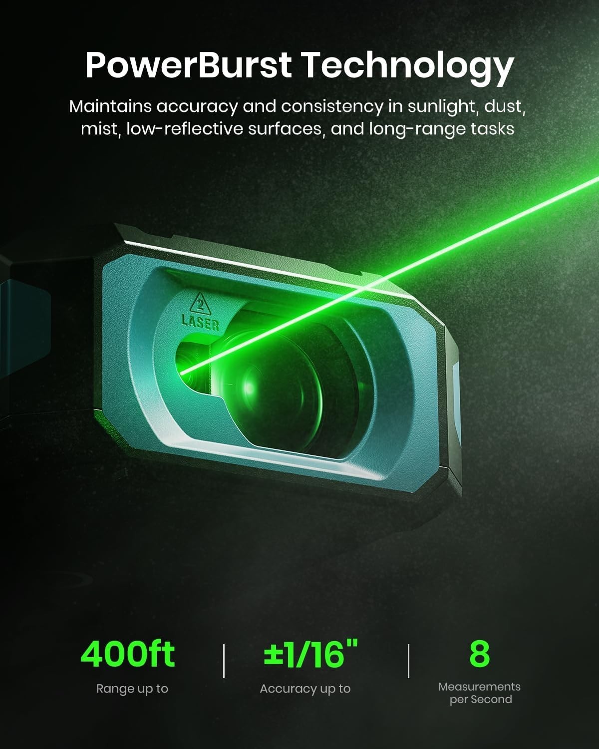 S50 Green-Beam Laser Distance Measure - 400ft Laser Measure, P2P, Side-Laser
