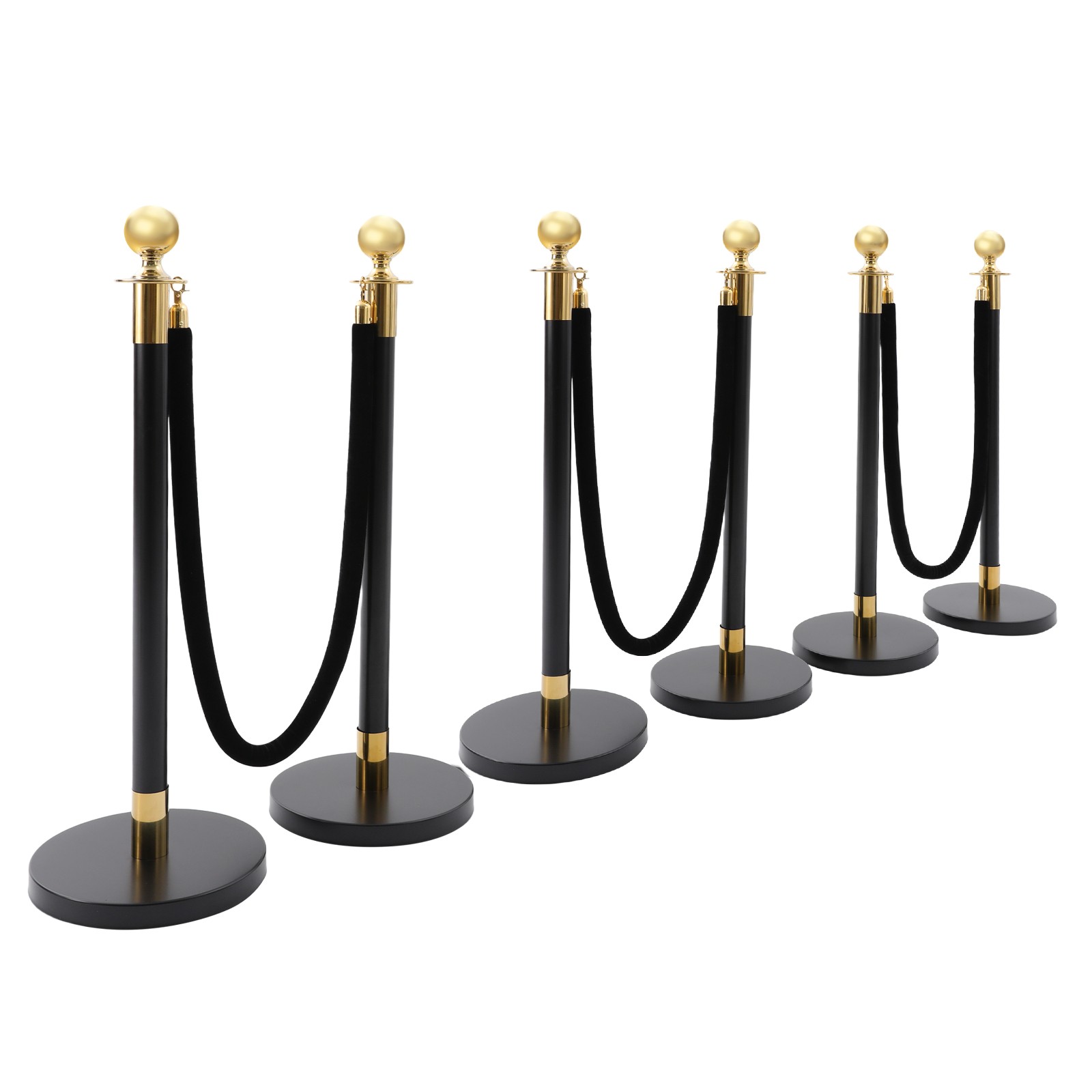 6 PCS Black Stainless Stanchion Posts with 4 Ropes Crowd Control Queue Barrier