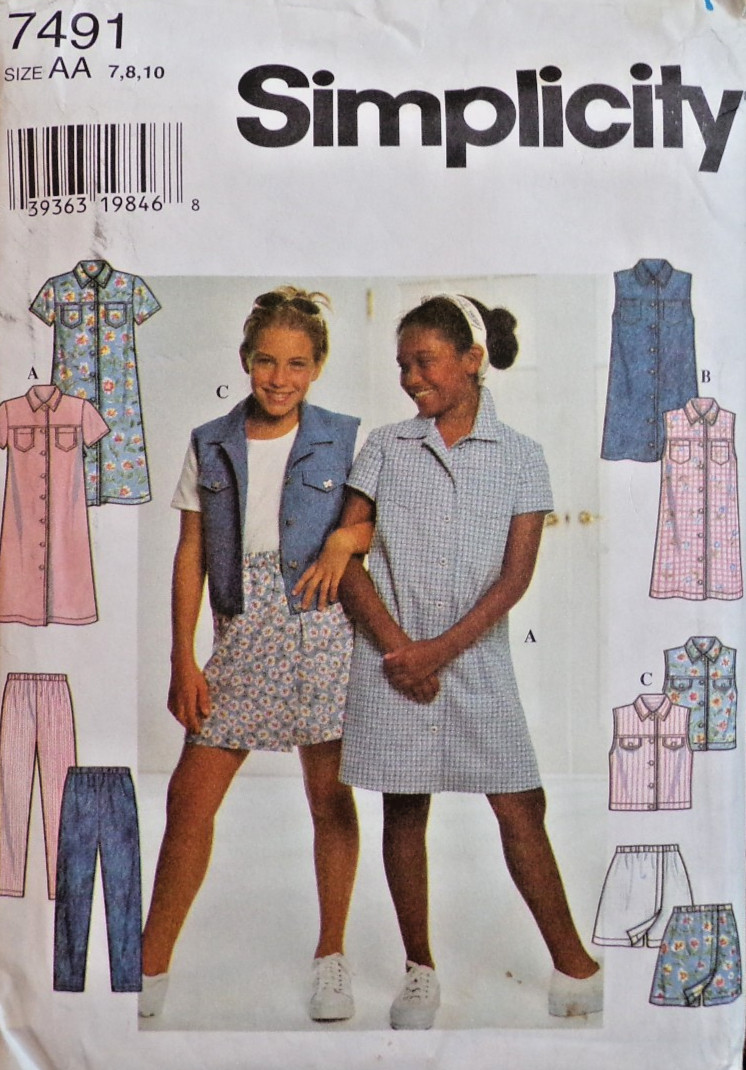 Simplicity Sewing Pattern 7491 Girls Dress Vest Pants Skort Sizes 7-10 VTG UNCUT
