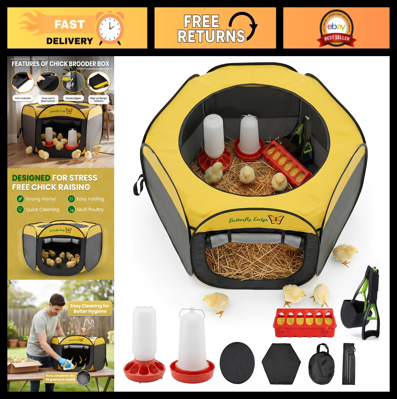 Large Chicken Brooder Box 6-in-1 Kit for 10-15 Chicks, Indoor Coop with Feeder &