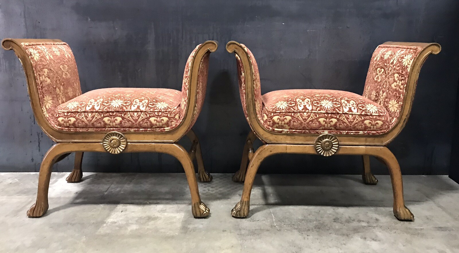 *PAIR* High-End Schumacher Roll Arm Italian Neoclassic Benches; Immaculate