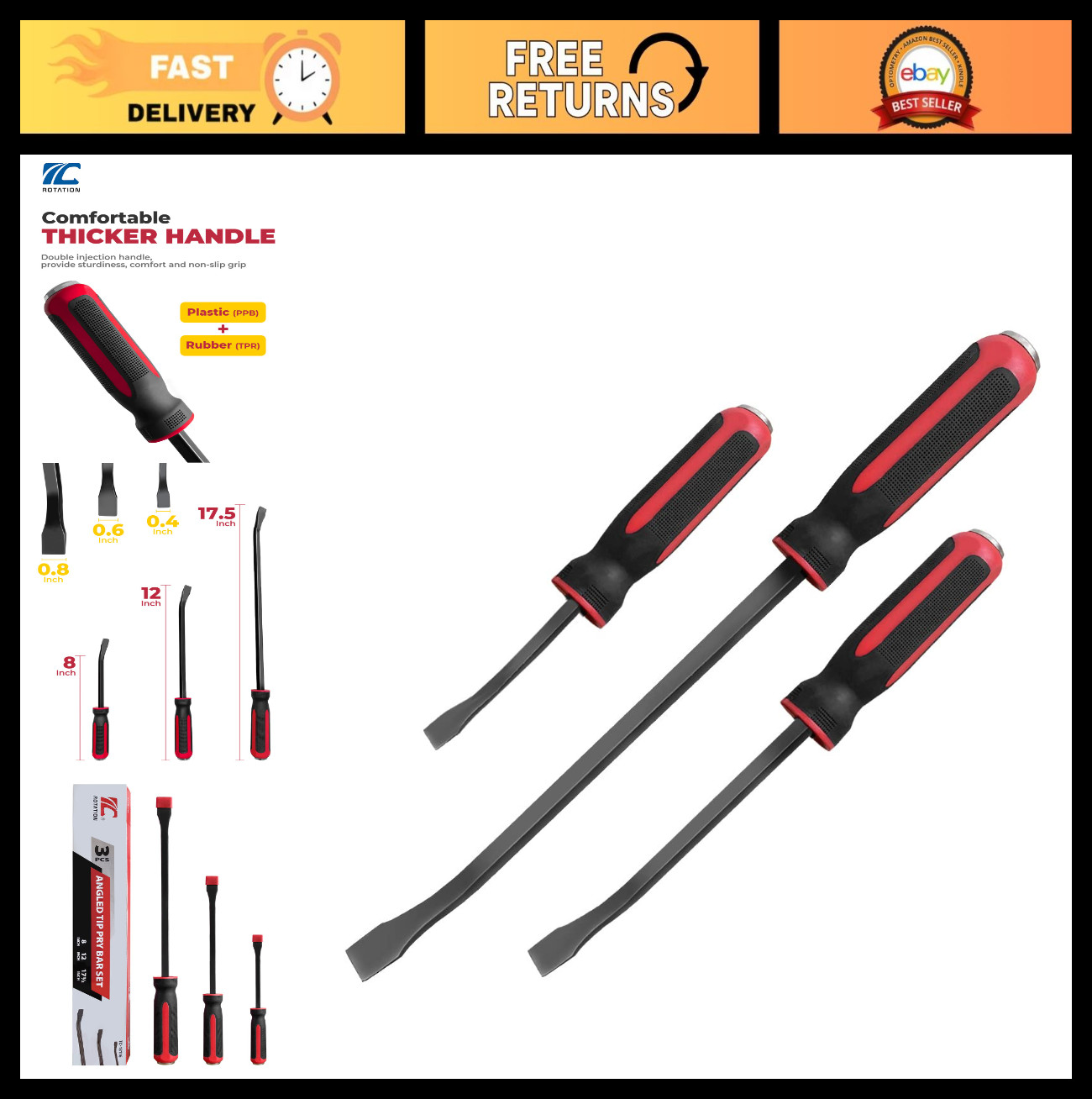 3pc Pry Bar Set with Strike Cap Handle & Angled Tip | Rustproof Mechanic Tools f