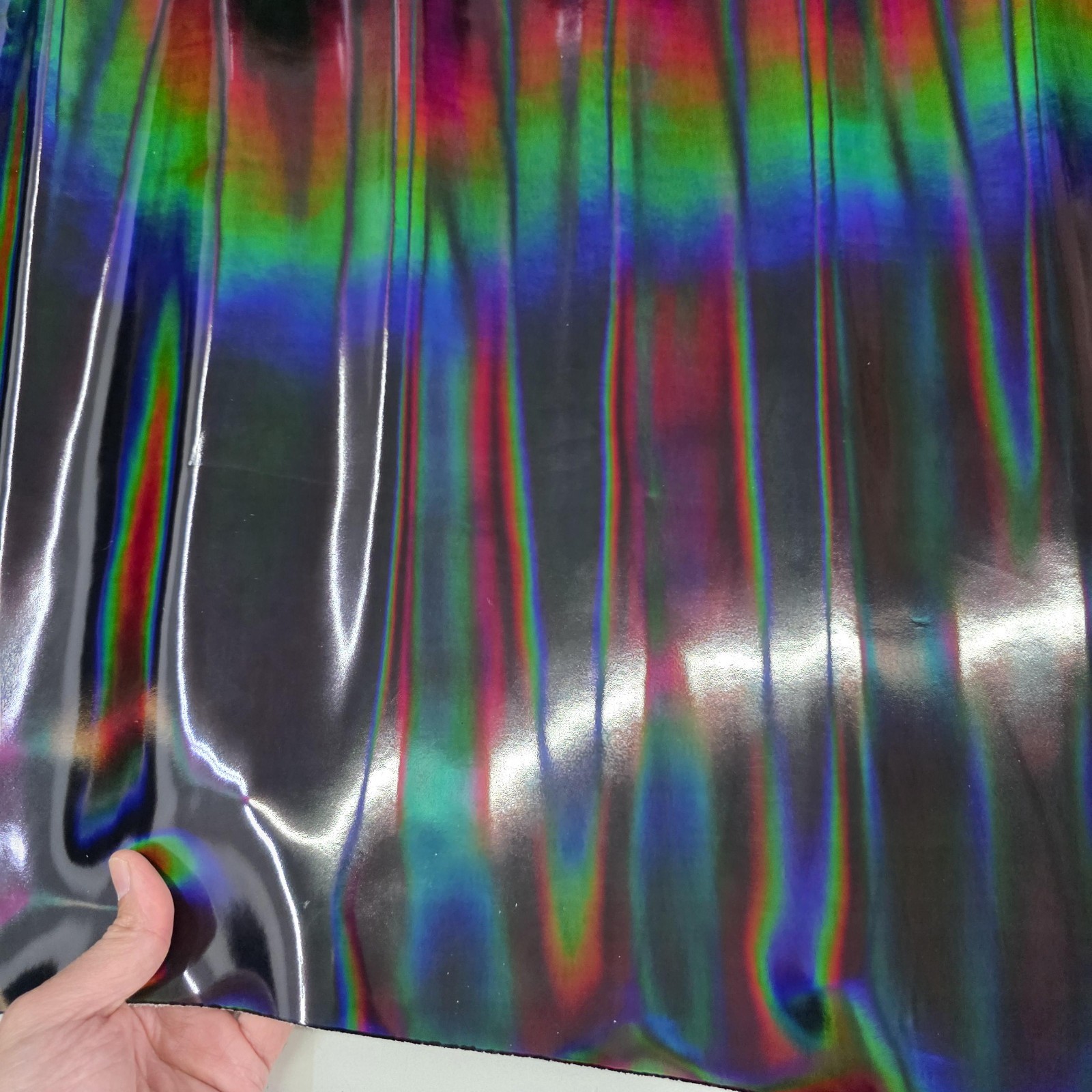 Color Black Iridescent Cow Patent Leather: Holographic Rainbow Glossy Metallic