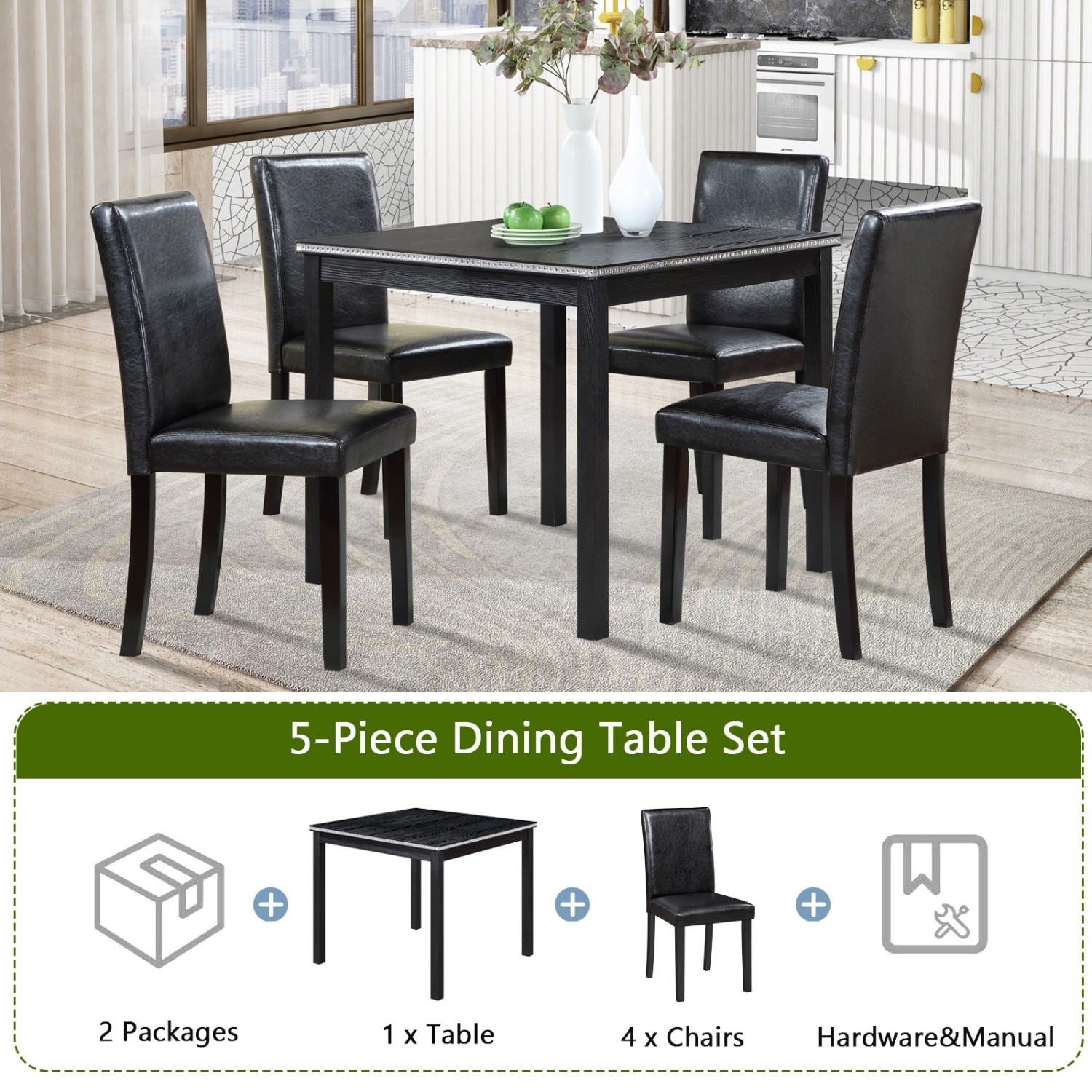 5 Piece Dining Table Set Wood Square Dining Table & 4 PU Upholstered Chair Black