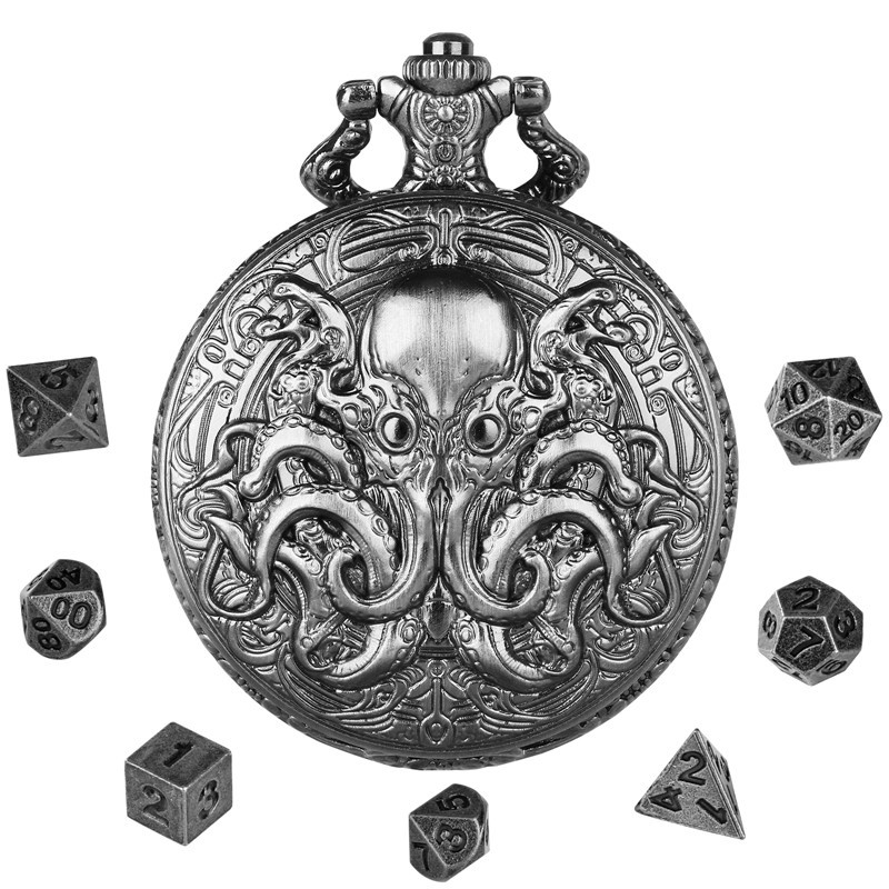7pcs Solid Metal Polyhedral DND Dice Set in Octopus Pocket Watch Case with Chain
