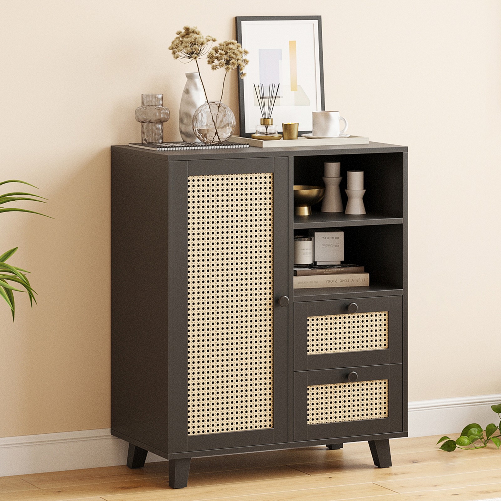 Rattan Buffet Cabinet with Adjustable Shelf, Sideboard with Drawers for Living