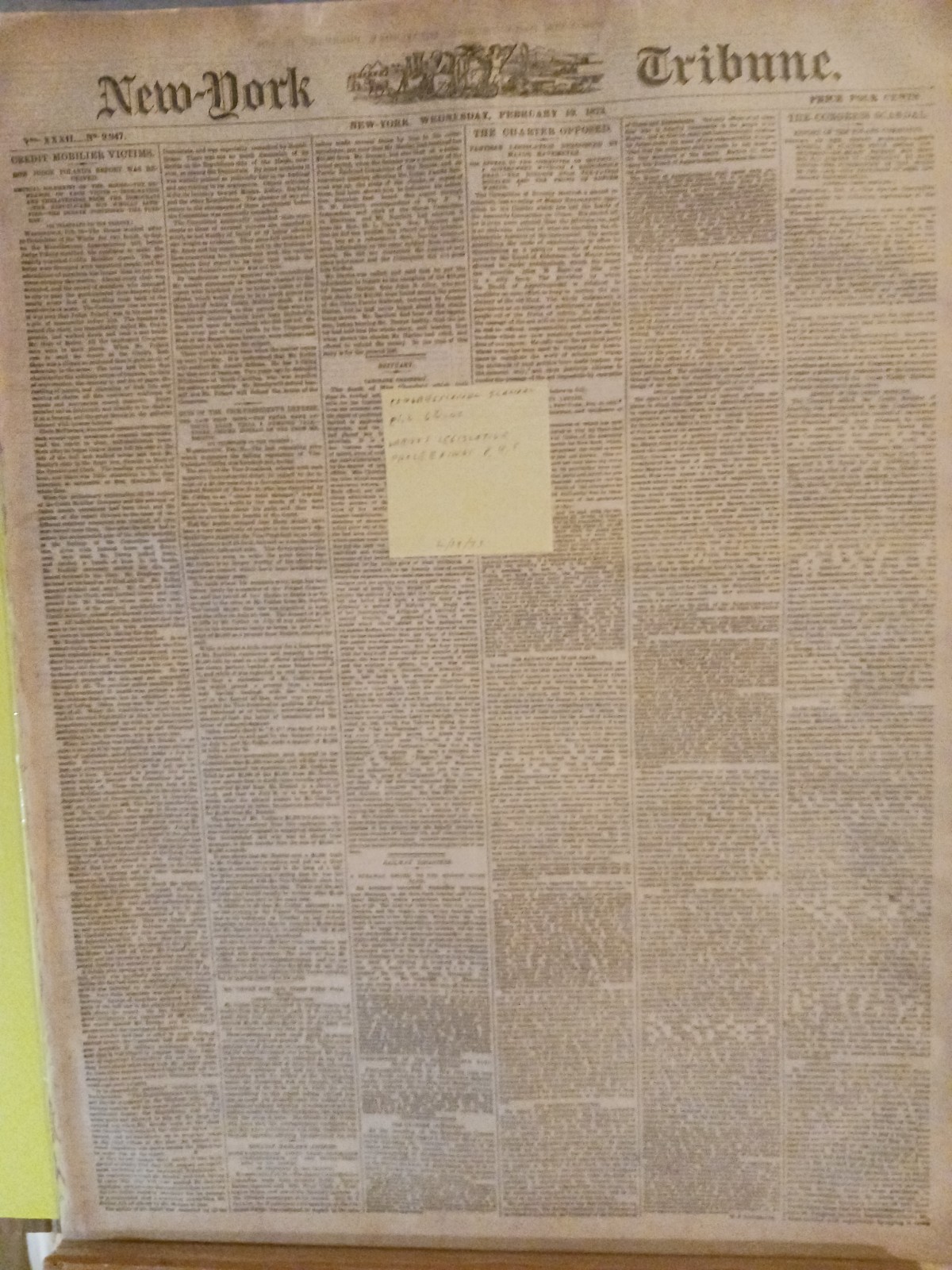 NEWSPAPER - NEW YORK TRIBUNE - CONGRESSIONAL SCANDAL - FEBRUARY 19, 1873