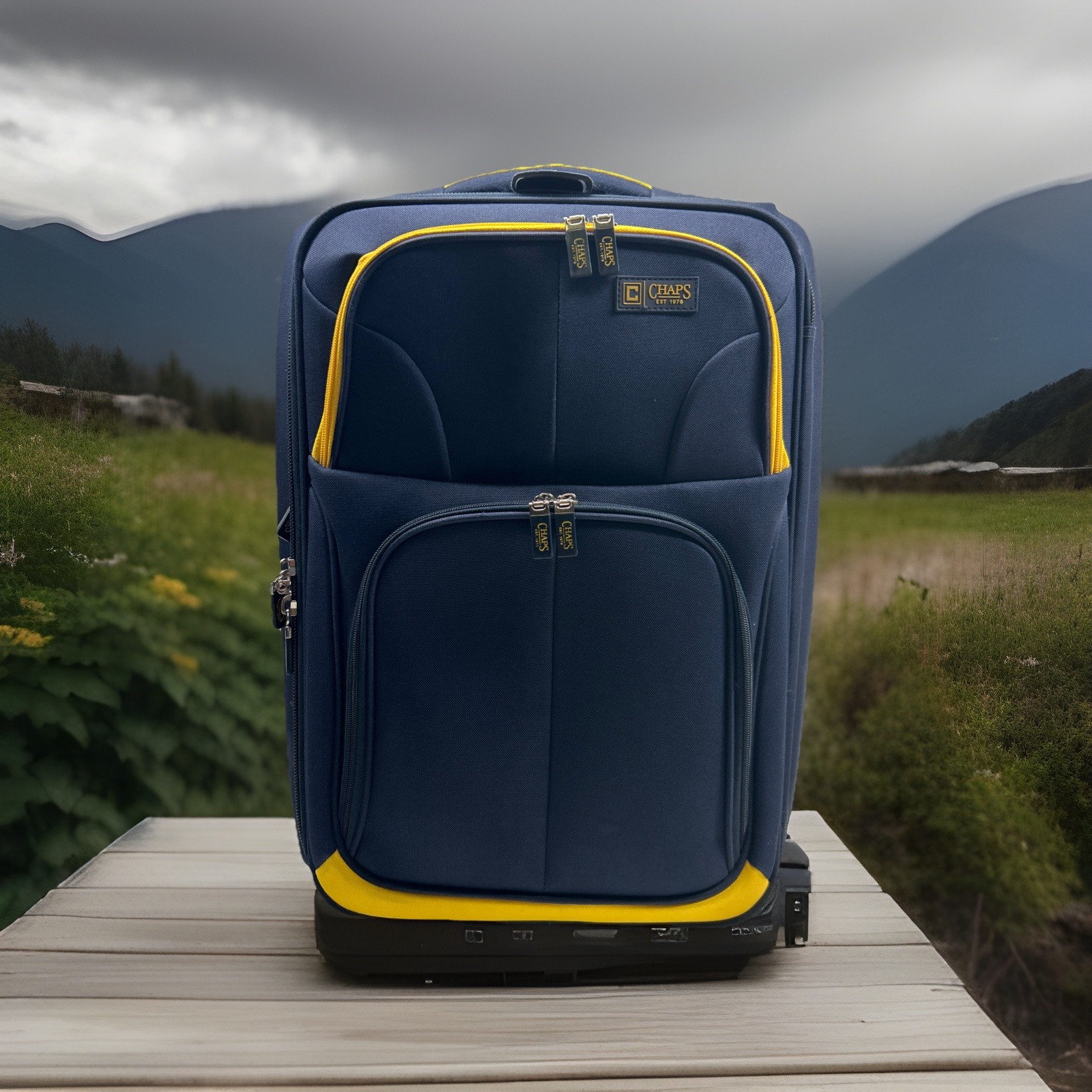Chaps Navy Blue Yellow Softside Upright Suitcase Luggage Carry-On Bag