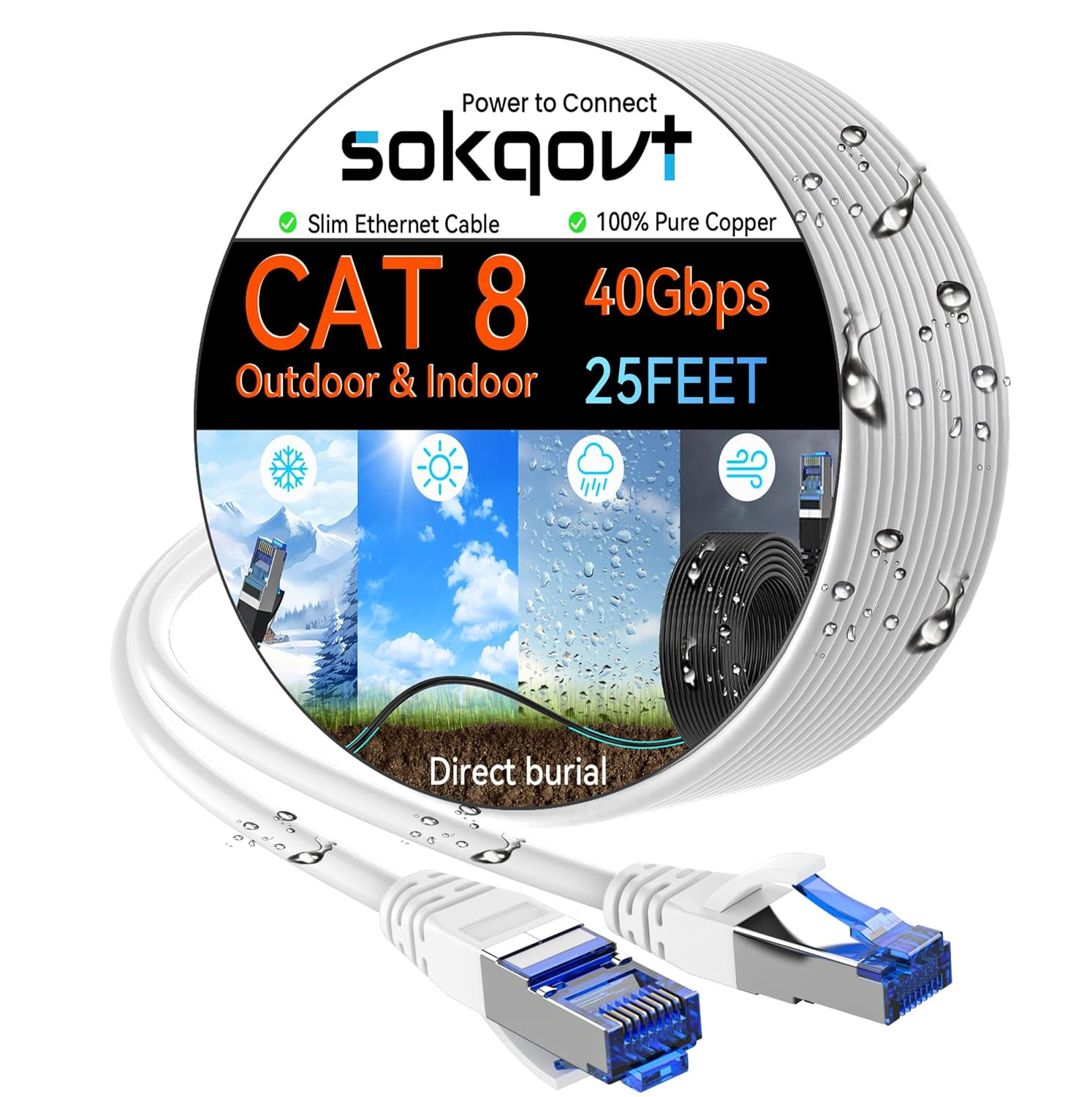 Sokqovt Cat 8 Ethernet Cable Slim 25Ft Outdoor, Pure Copper Cat8 Internet Cable