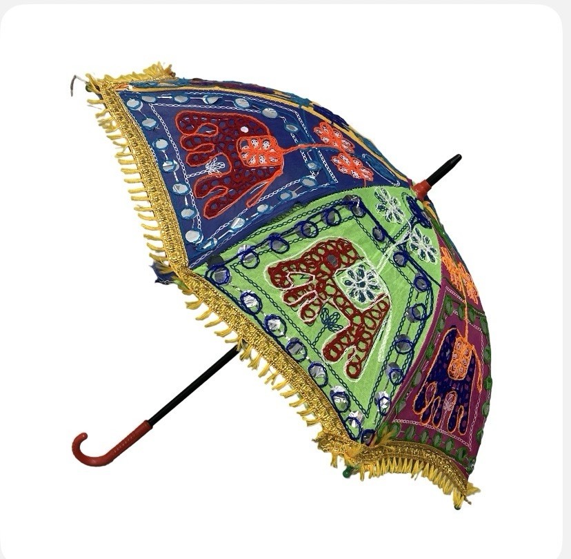 Smedium Cloth Umbrella Parasol Elephants Stitched Thread Multicolored Pattern