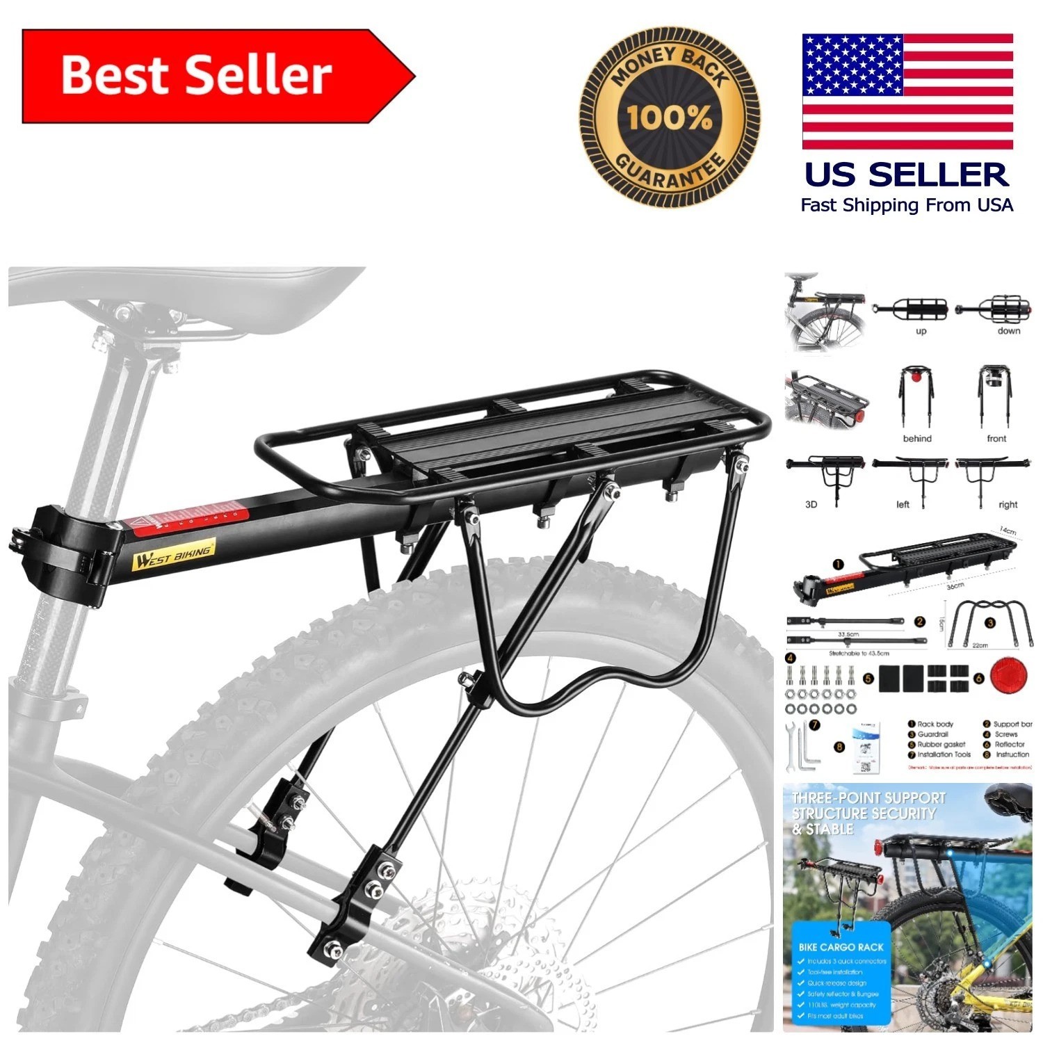 Aluminum Adjustable Bicycle Cargo Rack - Easy Installation and Reflective Safety