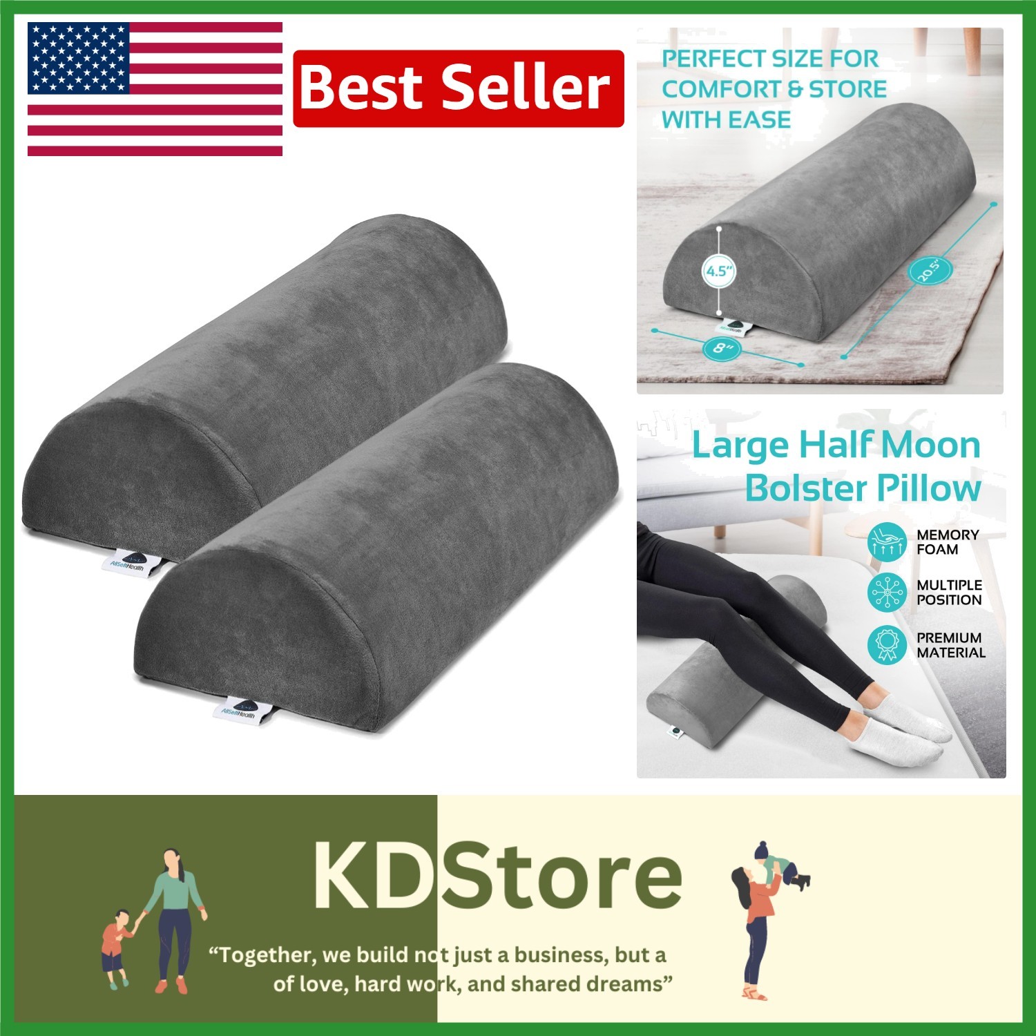 2-Pack Half Moon Bolster Pillows - Ultimate Memory Foam Support for Sleep