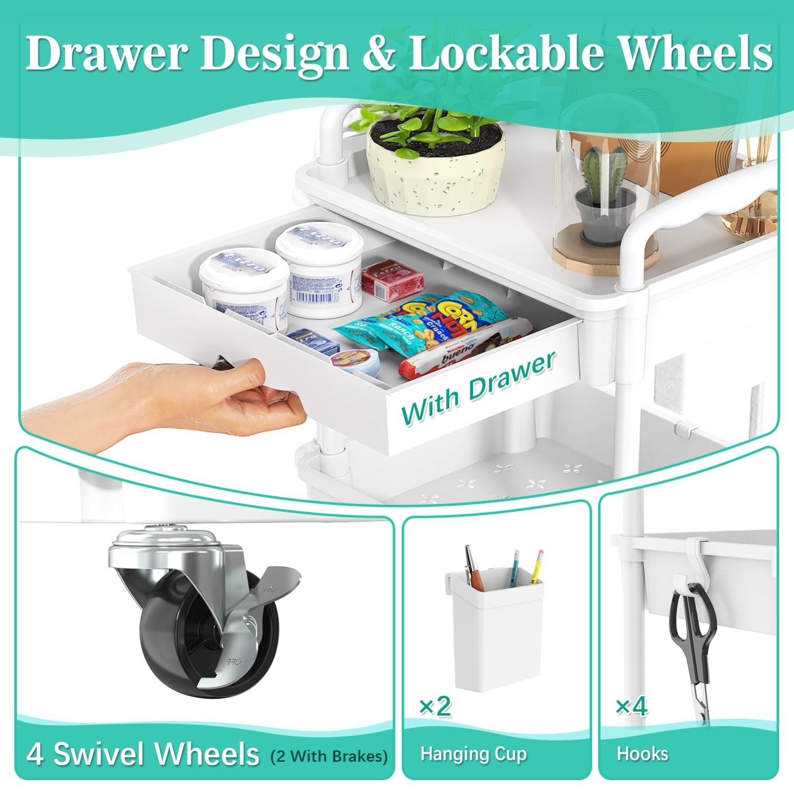 3 Tier Rolling Storage Cart with Drawer, Lockable Wheels, Bathroom & Kitchen Org