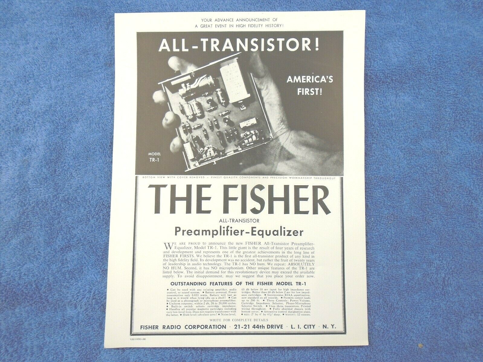 NOS 59 60 61 FISHER RADIO TR-1 TRANSISTOR PREAMPLIFIER-EQUALIZER SALES BROCHURE