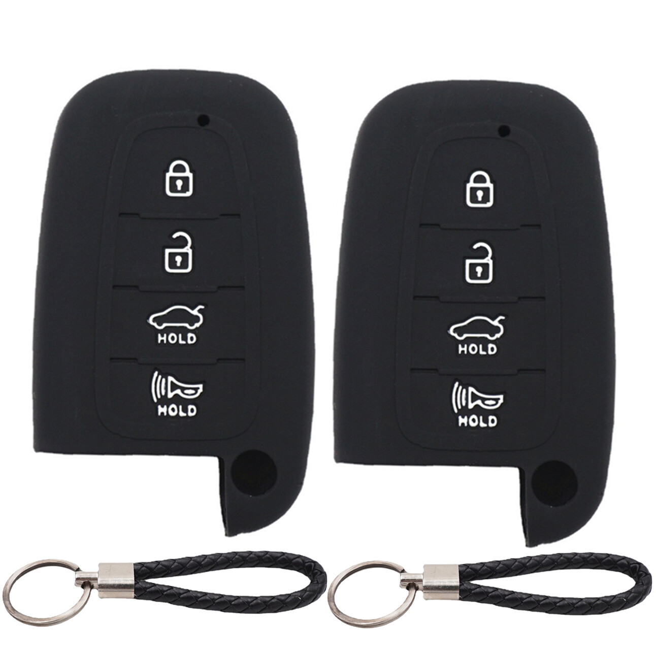 2Pcs 4 Buttons Silicone Key Fob Cover & Keychain for Hyundai Genesis Sonata Kia