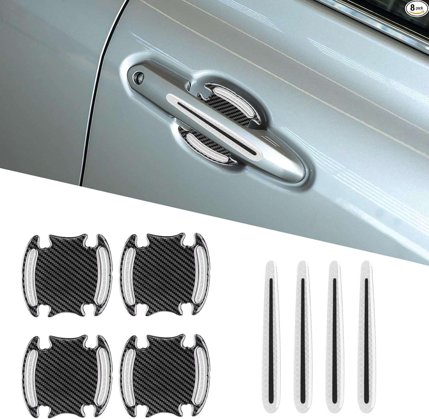 8PCS Car Door Handle Protector Reflective Sticker, 3D Carbon Fibe Color: White