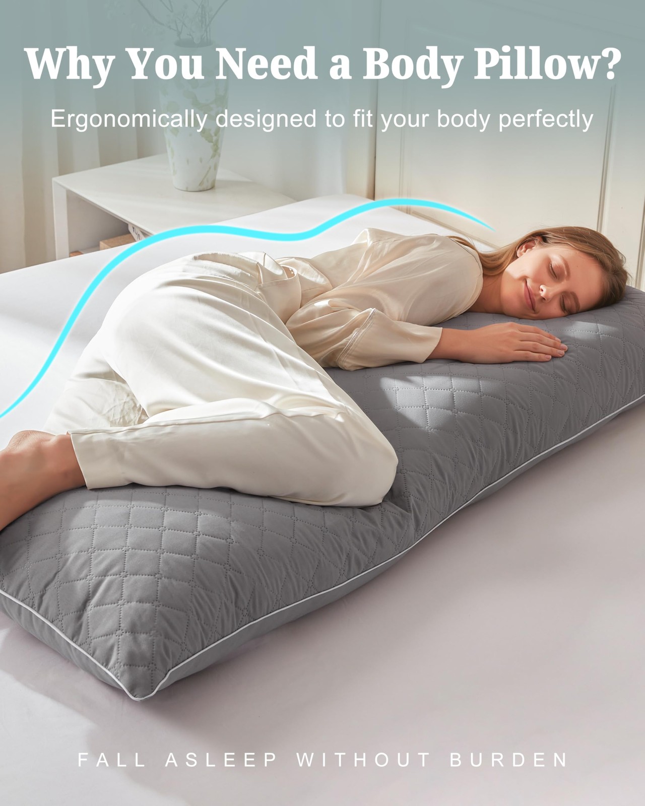 Long Body Pillow Shredded Memory Foam Adjustable Support For Side Sleepers Grey