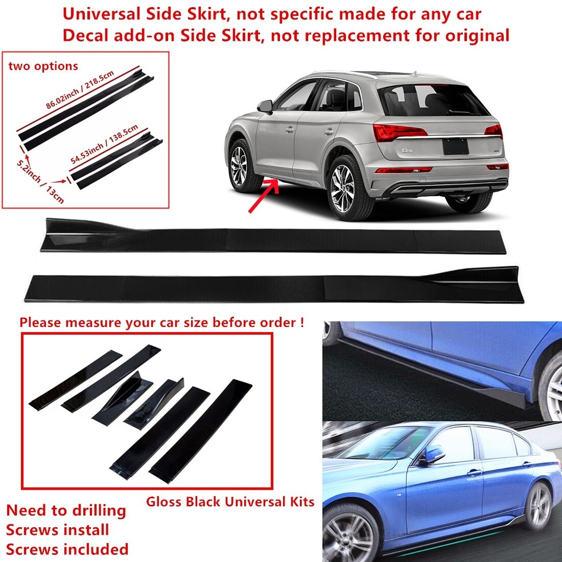 86/54.5" For 2018-2023 AUDI Q5 SQ5 Universal Gloss Side Skirt Extension Lip Trim