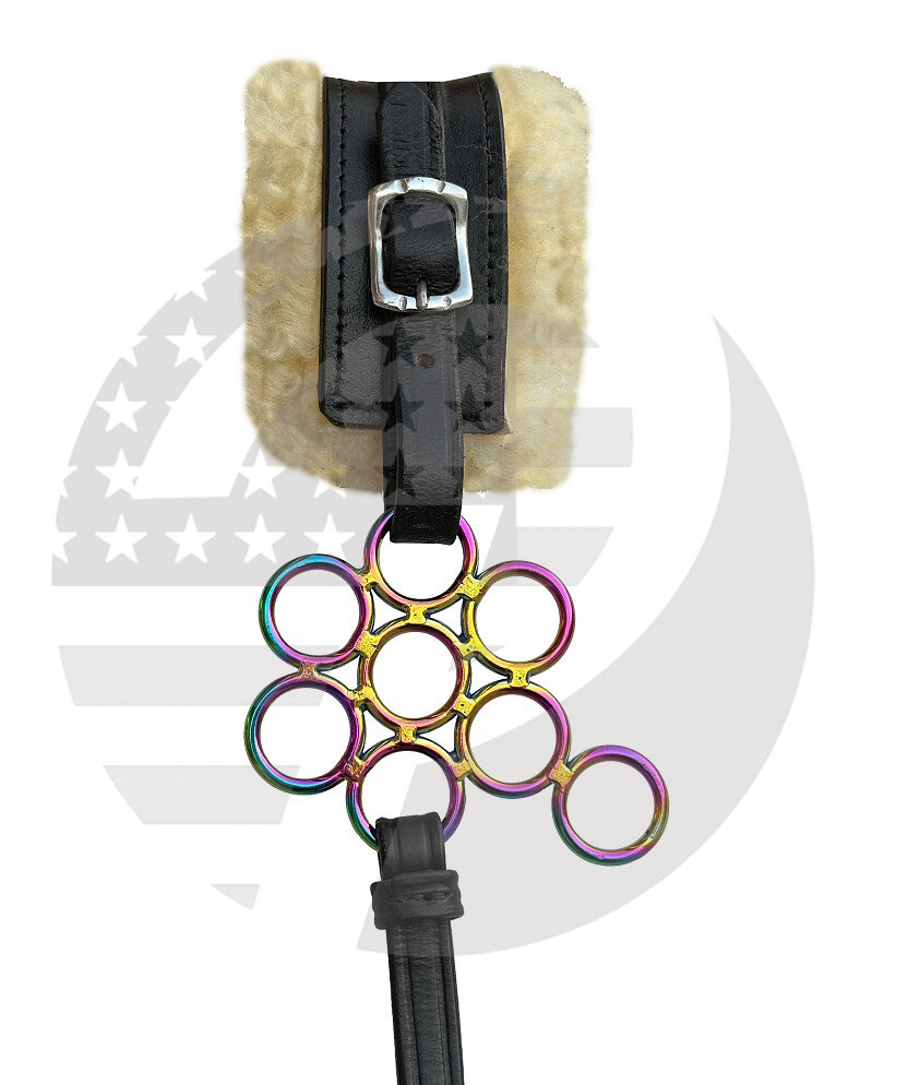 RAINBOW Hackamore Bitless Horse Flower Bit English Leather (BLACK) Genuine Fur