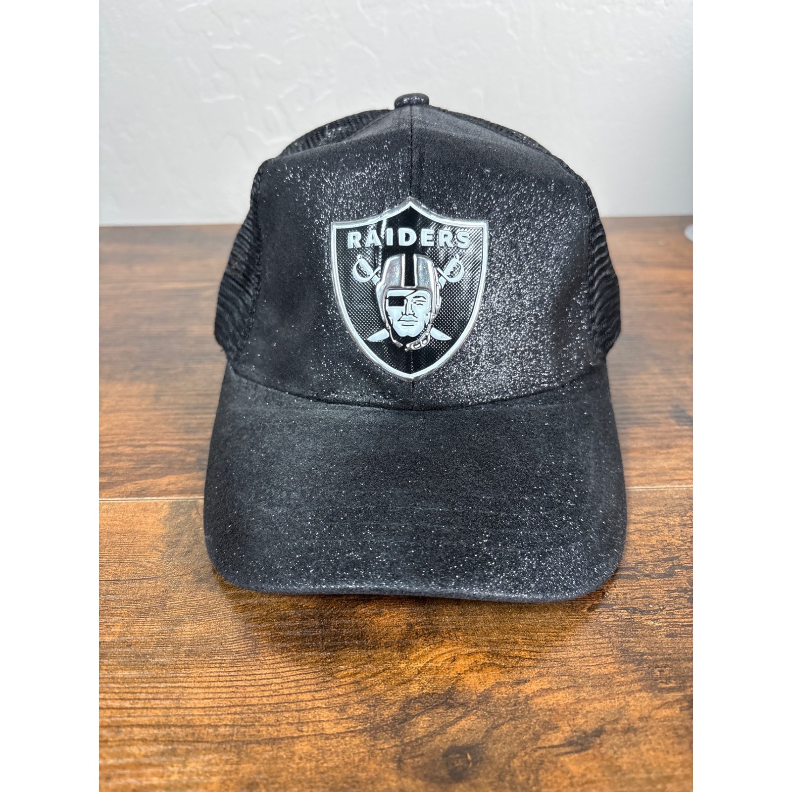 C.C PonyCaps Las Vegas Raiders Women Glitter Ponytail Trucker Hat Black Silver