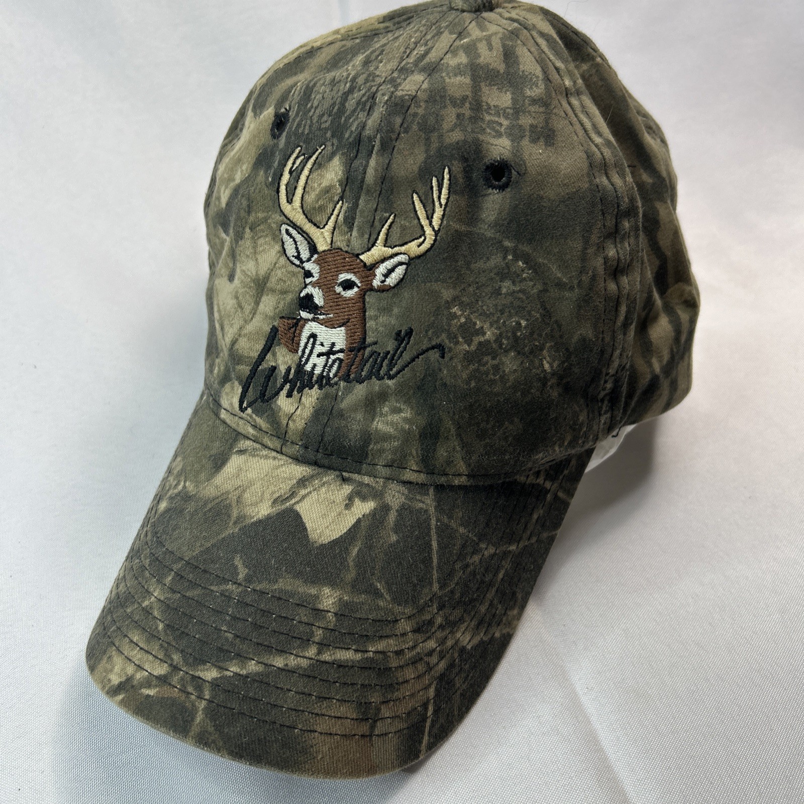 Vintage Rare Mossy Oak Camo Stitched White Tail Snapback Hat Breakup Ball Cap