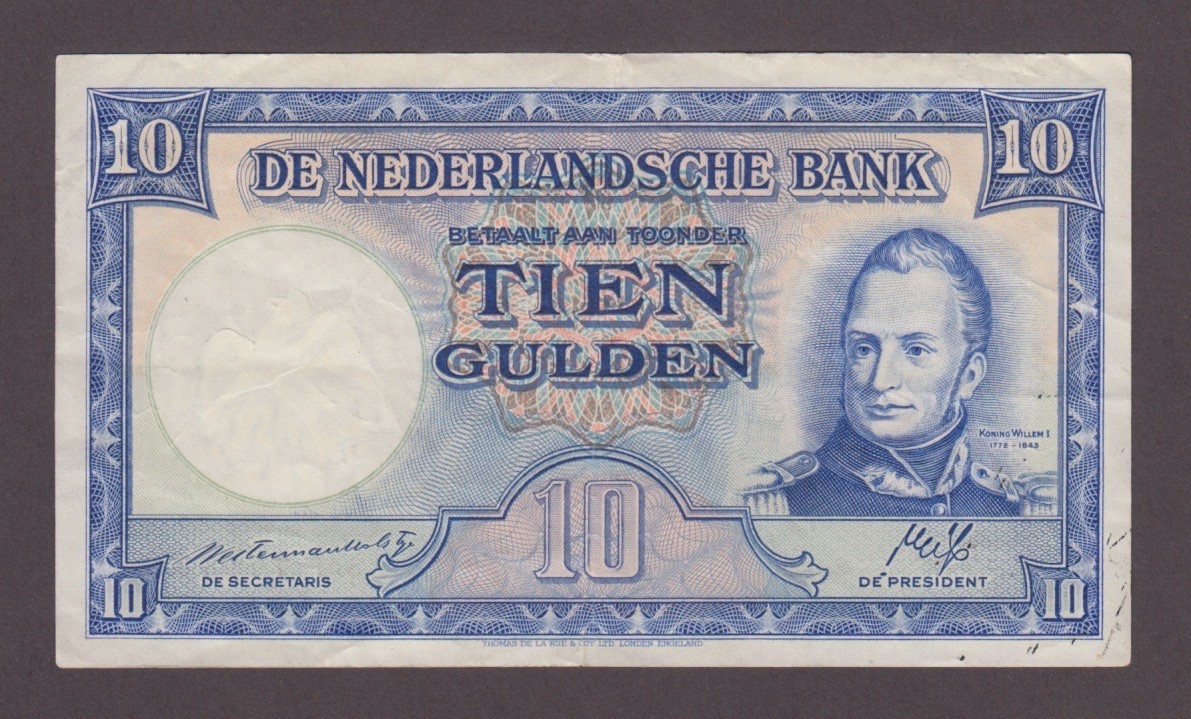 NETHERLANDS P.75b-8754  10 GULDEN 7.5.1945 PFX 3AF VF  WE COMBINE  2510