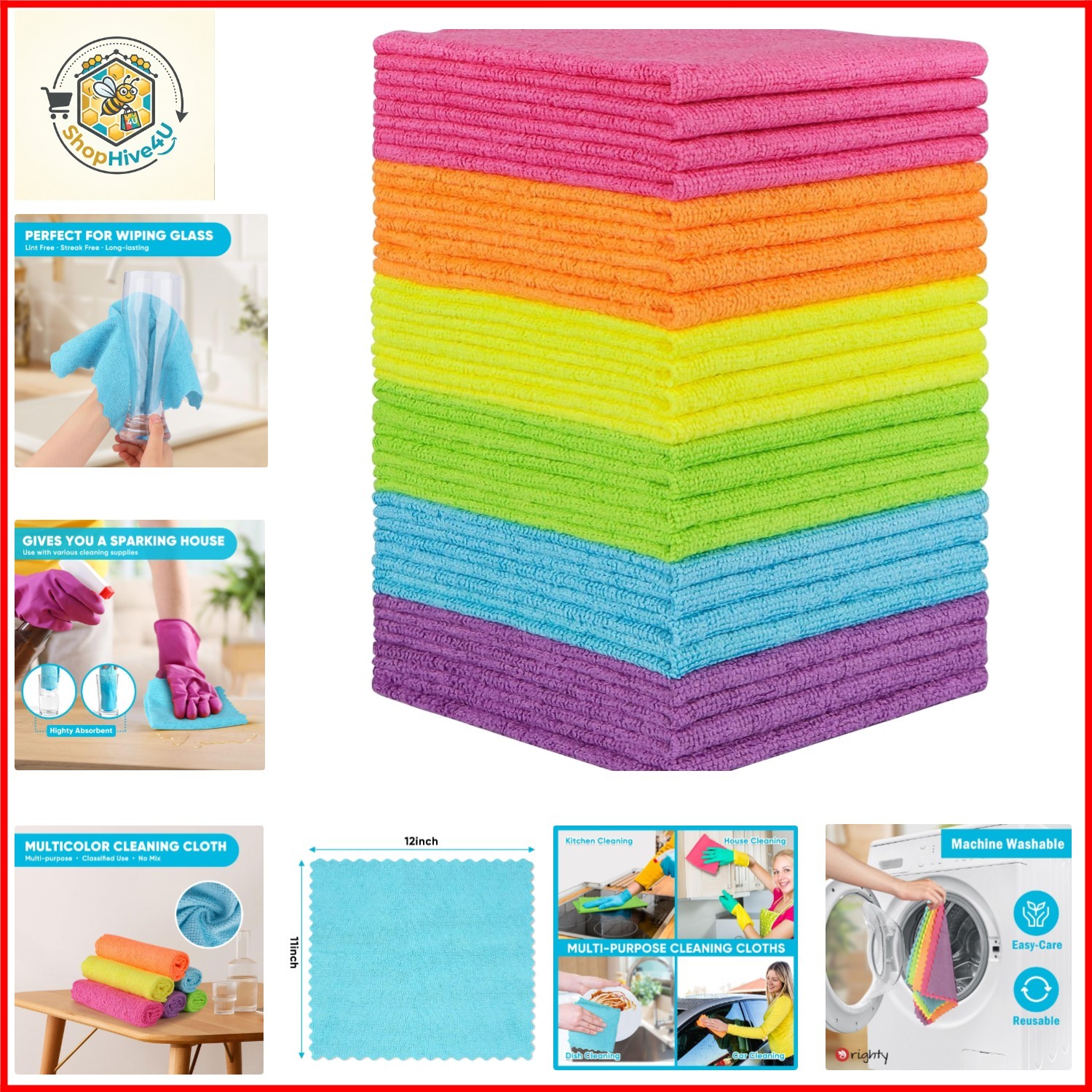 Microfiber Cleaning Cloth - 24 Pack, Cleaning Rags 12x11 inch | Highly Absorb...