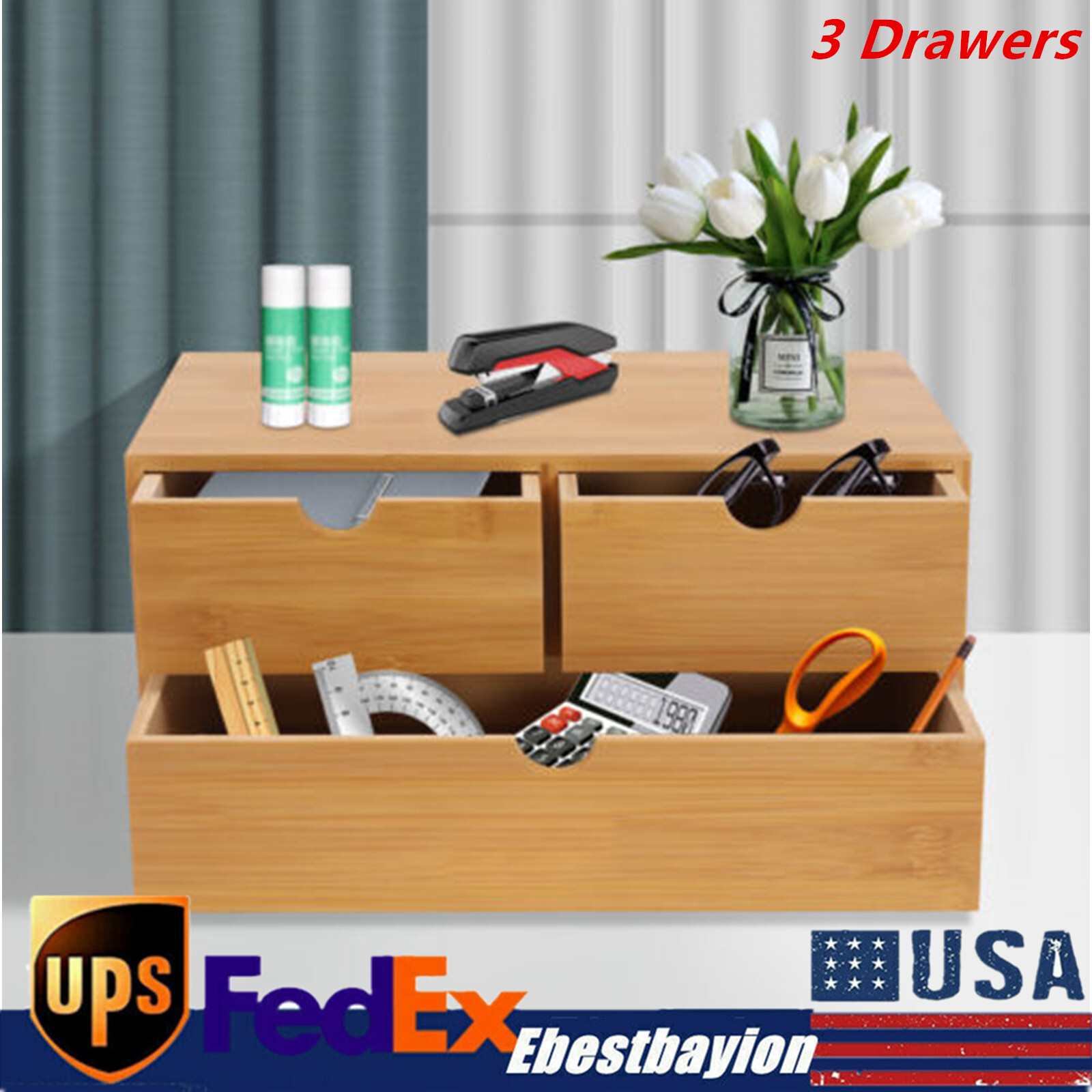 Bamboo Desk Organizer -Tabletop Mini Bamboo Desk Drawer Storage Box w/ 3 Drawers