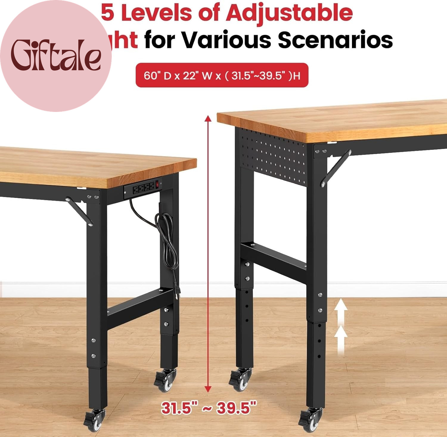 Workbench for Garage Adjustable Height 60 X 22 Inch Work Table with Wheels Heavy