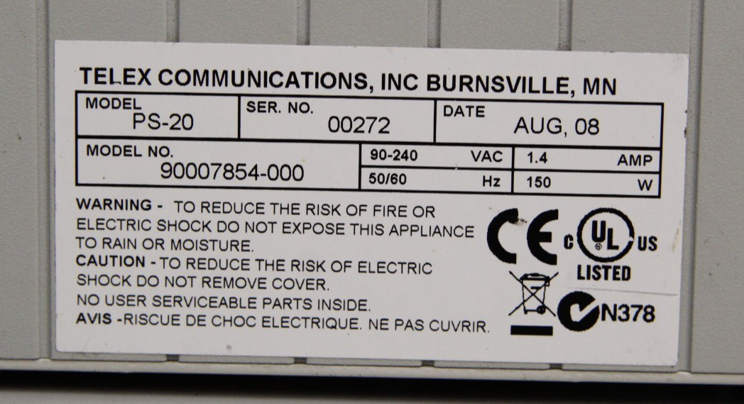 Telex RTS PS-20 Power Supply Bosch Security Systems 90-240VAC