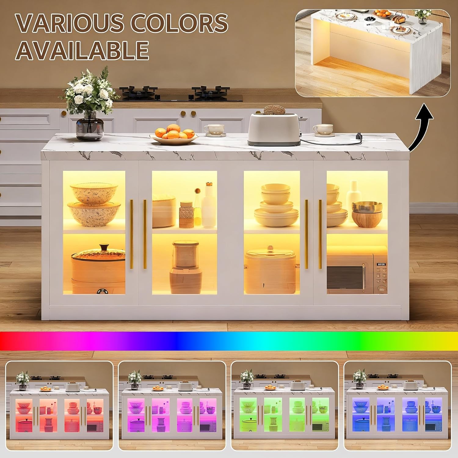 Large Kitchen Island with Storage & LED Light, Rolling Breakfast Bar Table