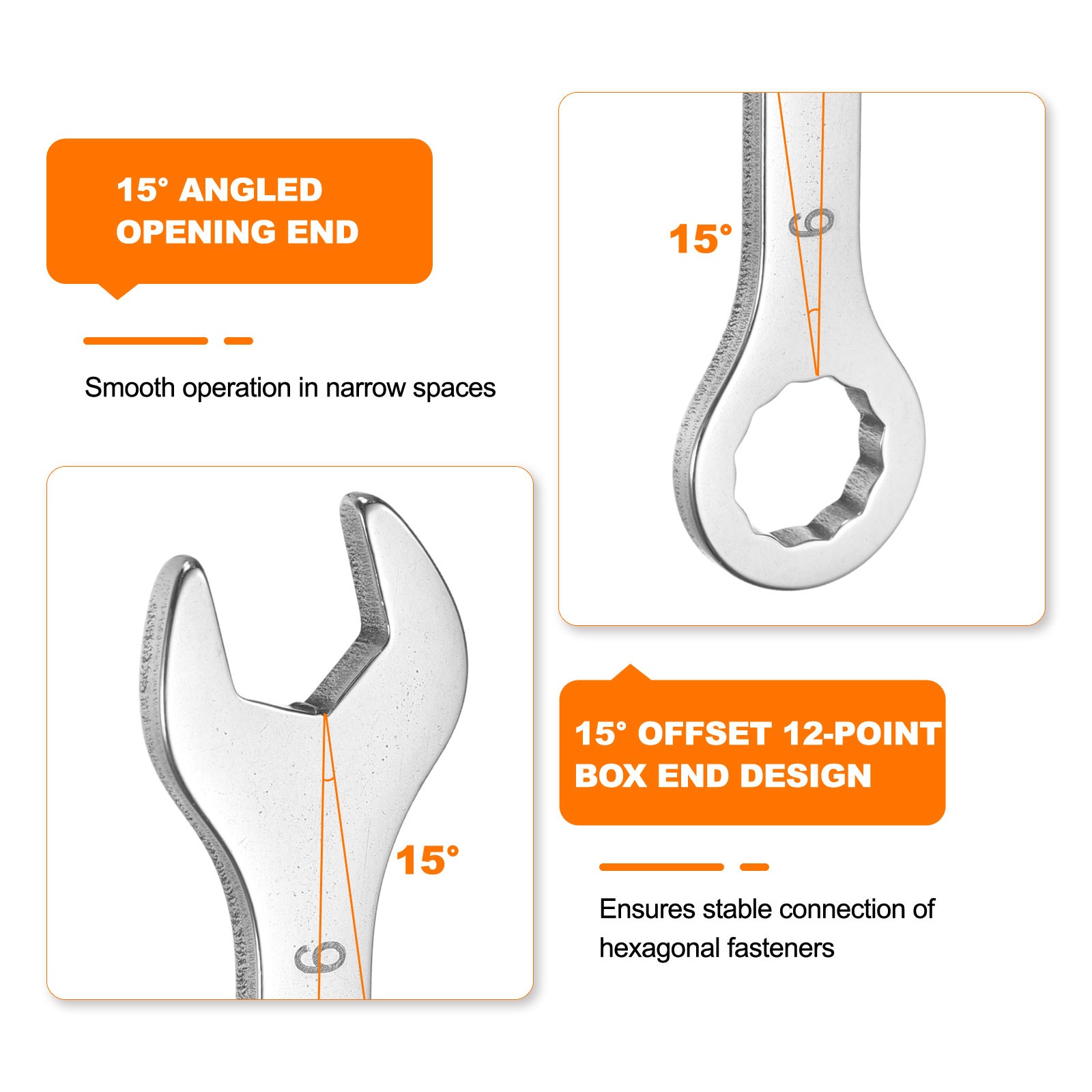 2pcs Thin Combination Wrench 7/16" with 6-Point Ended 5°Angled Open End