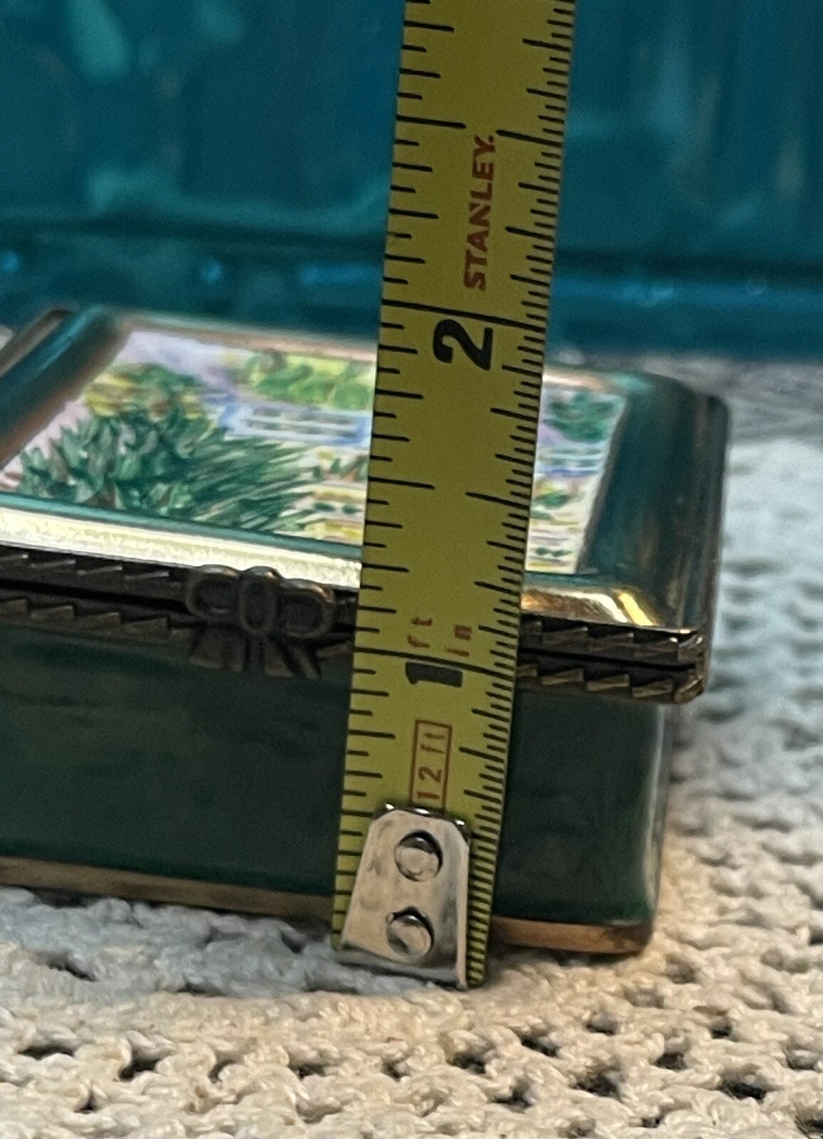Enameled Painted Fabric Lined Brass Trinket Box