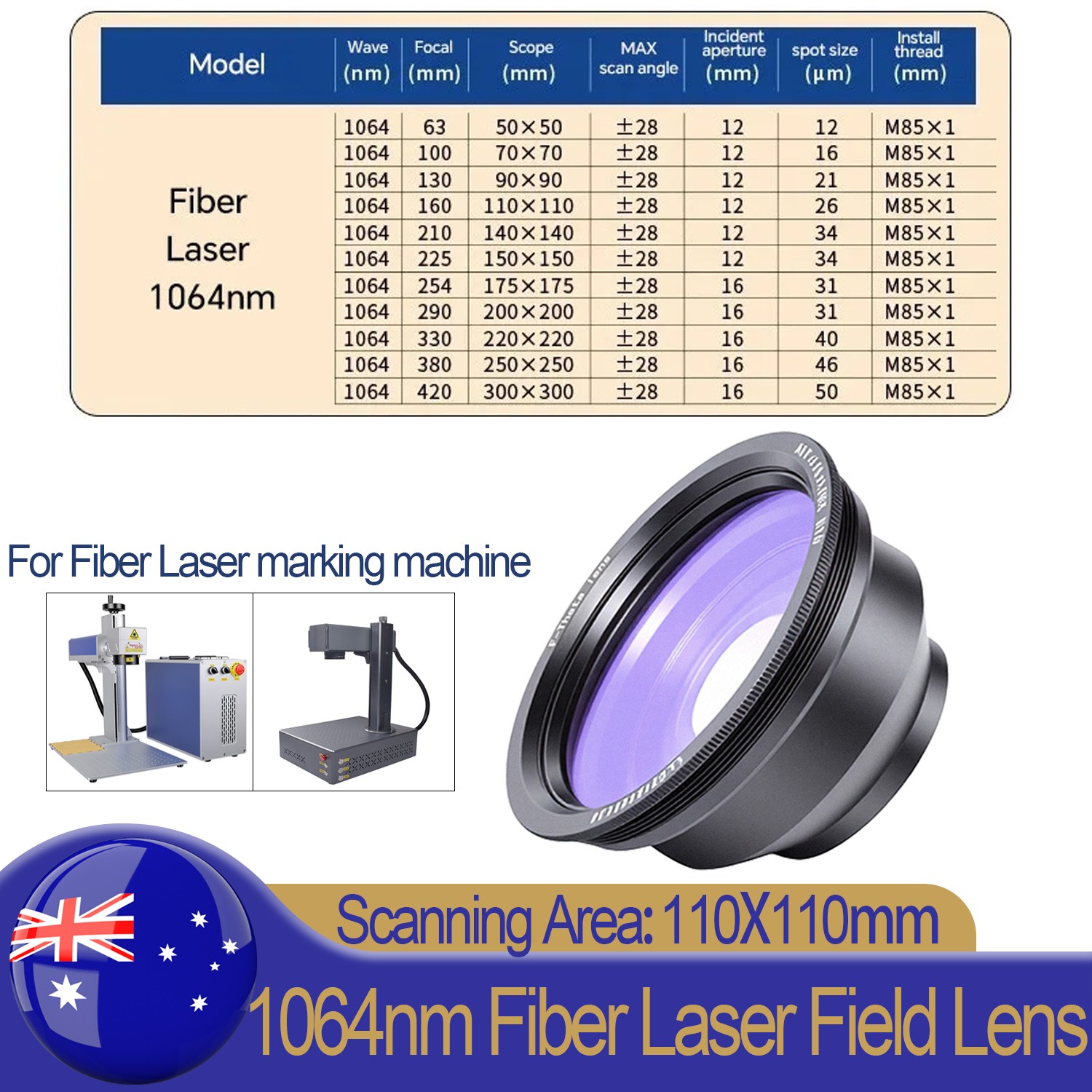 110mm Field Lens F-theta Scan M85 Thread For 30-100W Fiber Laser Marking Machine