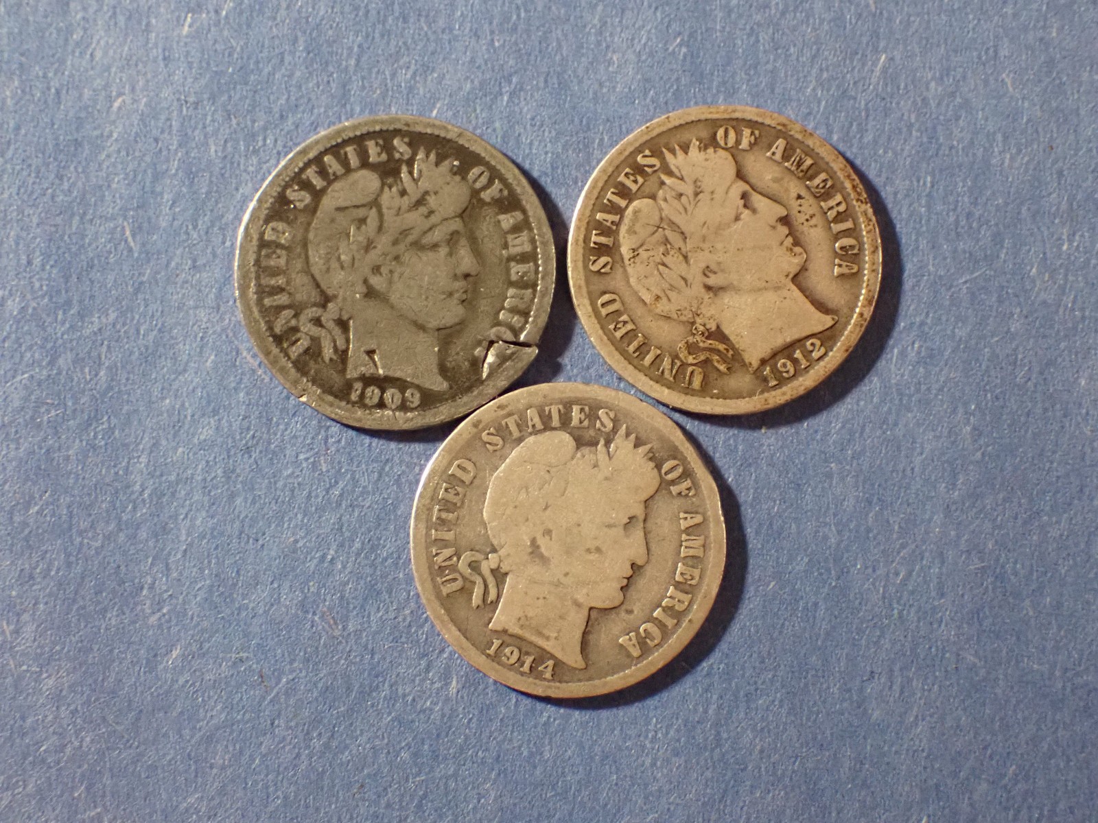 A Lot of 3 silver Barber dimes 1909D 12D 14D Good/VG  Cond set RGR 631