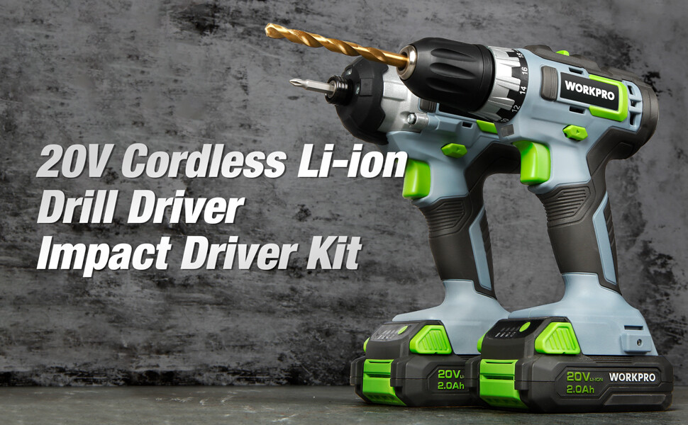 WORKPRO 20V Cordless Drill Combo Kit 2 Pack Drill Driver Impact Wrench W/battery