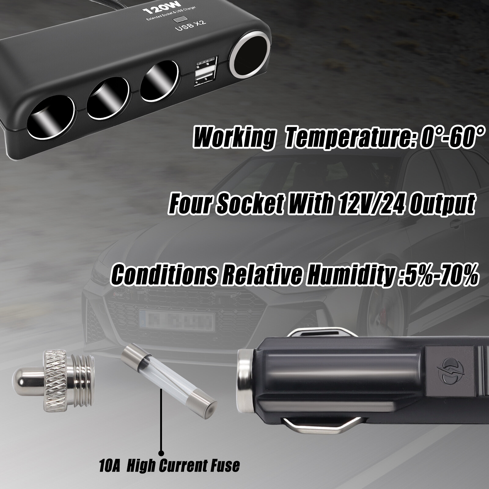 4 Way Multi Socket Car Cigarette Lighter Splitter USB 12V 120W Charger Adapter