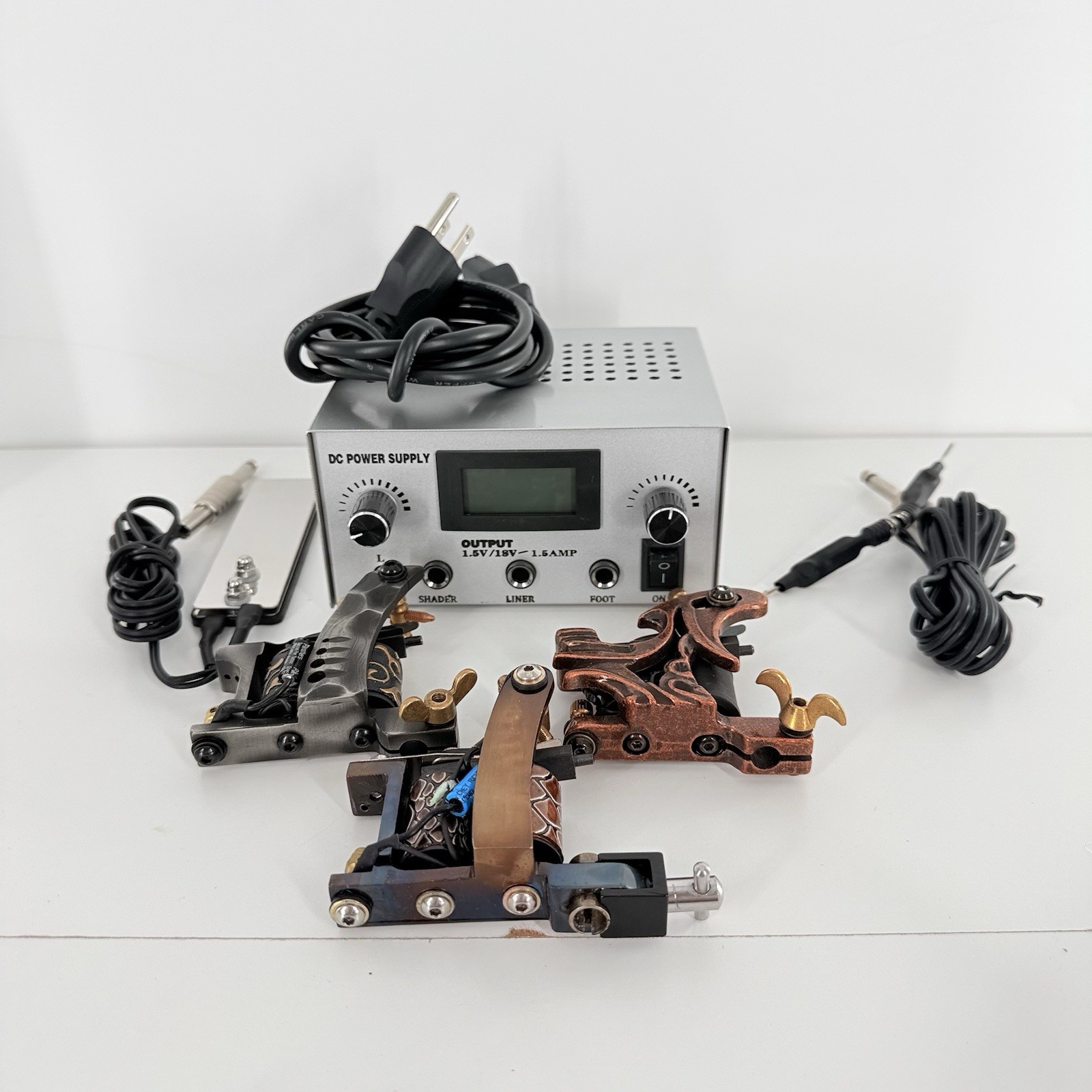 Tattoo Machine Kit 3 Guns Power Supply Foot Pedal Cords Complete Set New