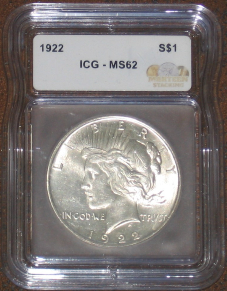 1922 Silver Peace Dollar $1 ICG Graded MS62 Uncirculated nice white coin mint